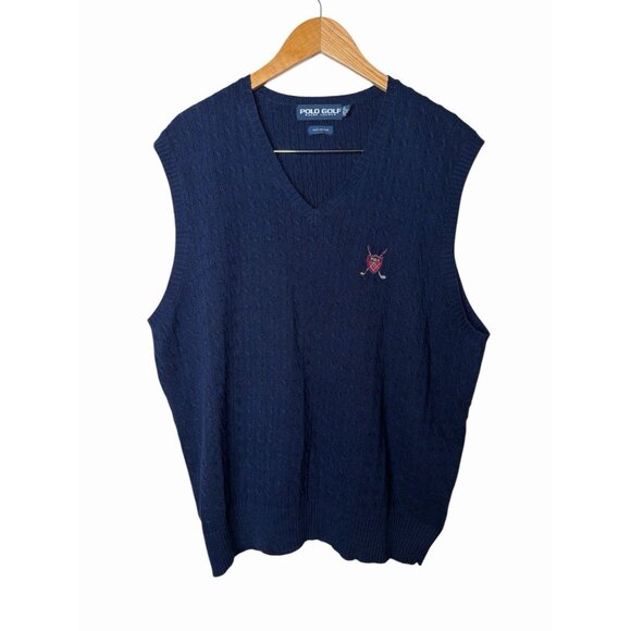 Vintage Polo Ralph Lauren Sweater Vest Mens XL Navy Cable Chunky Knit - Picture 1 of 6